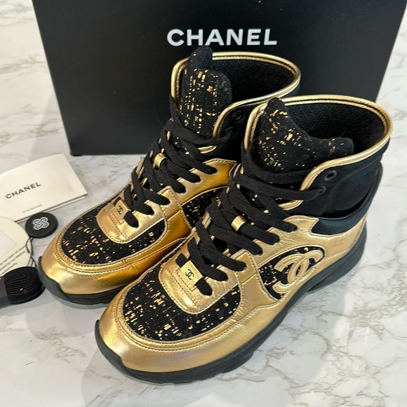 CHANEL black and gold high top sneakers size 37.5 - Picture 1 of 16
